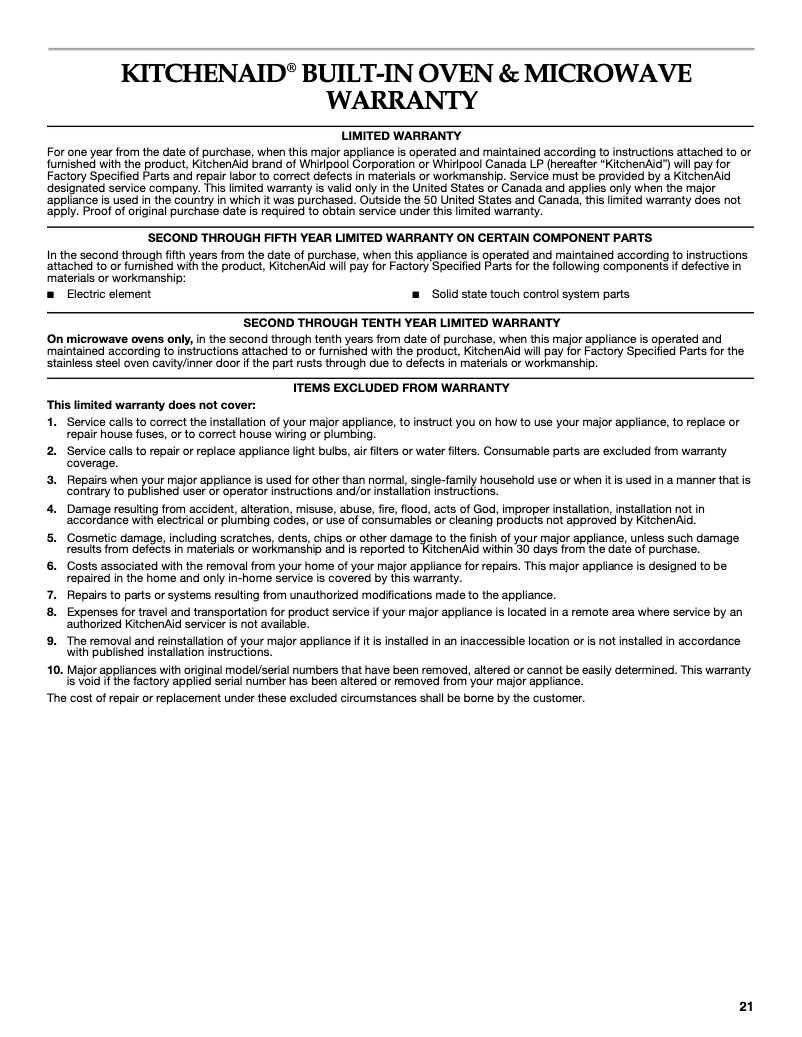 Página 1 del manual Información de garantía KitchenAid Architect KEMS378SSS