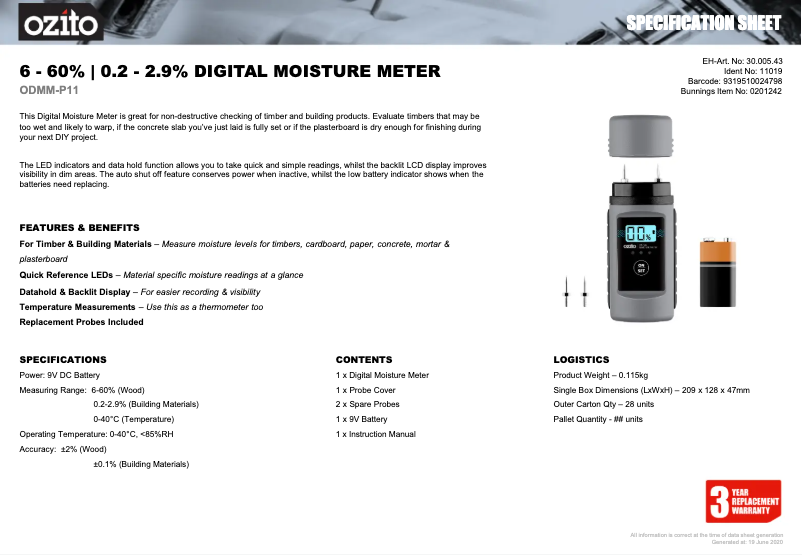 Página 1 del manual Ficha técnica Ozito ODMM-P11