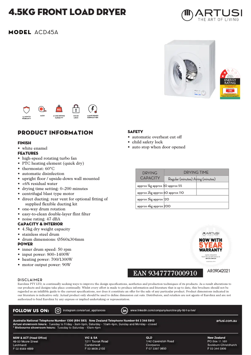 Página 1 del manual Ficha técnica Artusi ACD45A