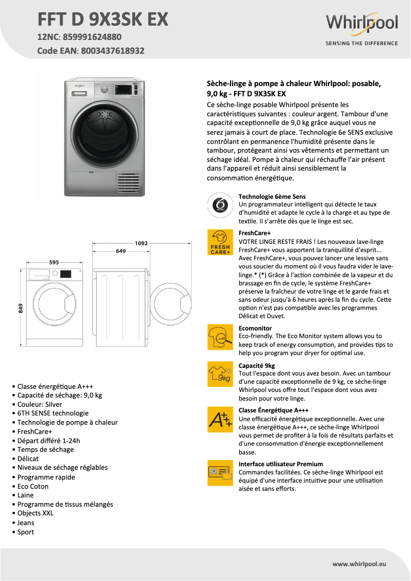 Página 1 del manual Ficha técnica Whirlpool FFT D 9X3SK EX