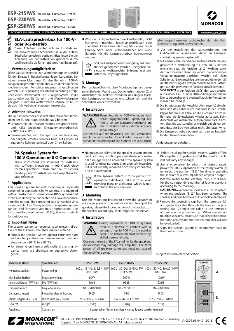 Página 1 del manual Manual de usuario Monacor ESP-250/WS