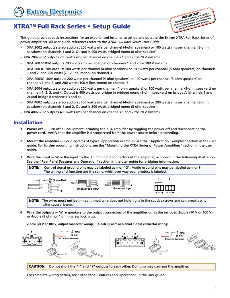 Página 1 del manual Manual de usuario Extron XPA 2004