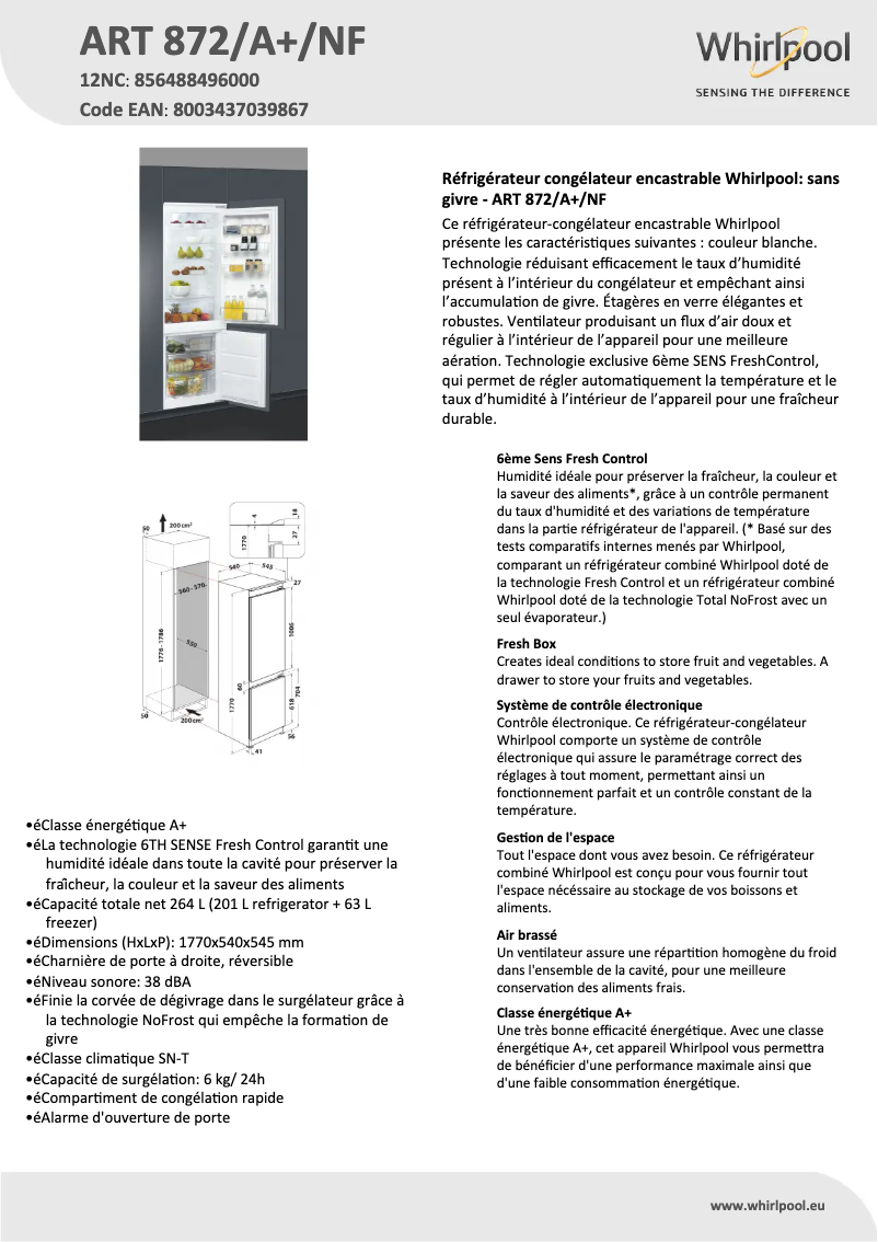 Página 1 del manual Ficha técnica Whirlpool ART 872/A+/NF
