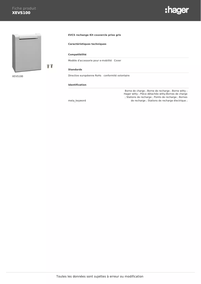 Página 1 del manual Ficha técnica Hager XEVS100