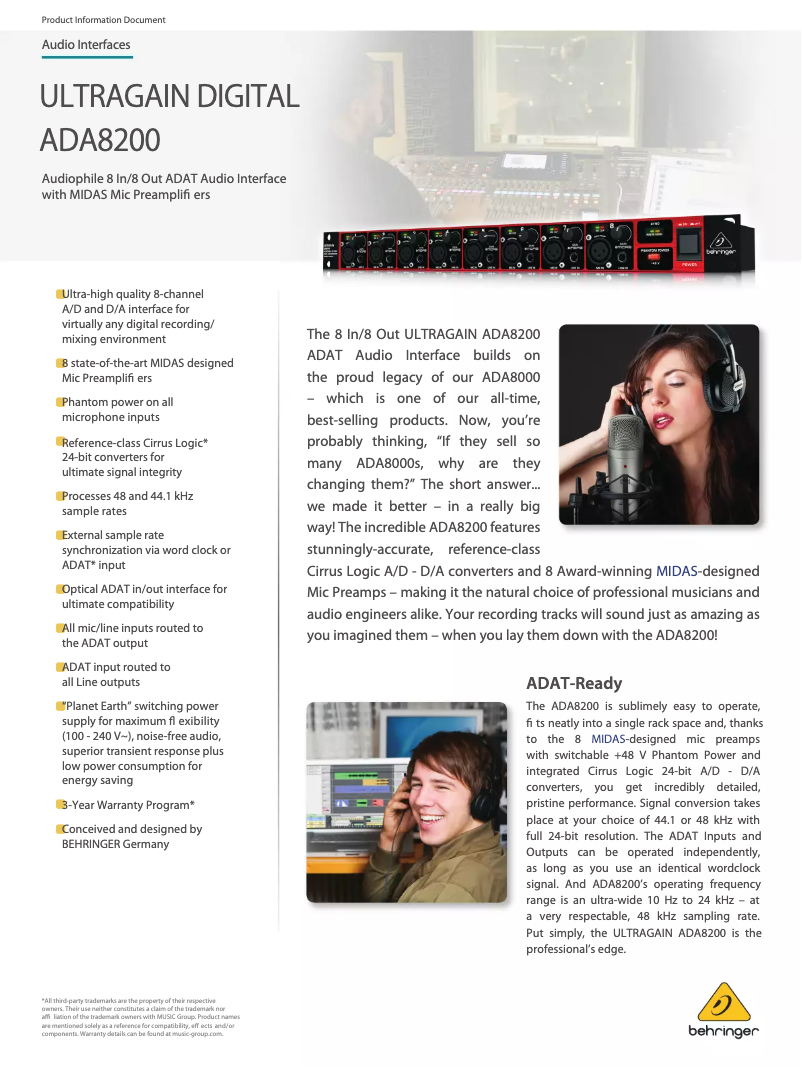 Imagen de la primera página del manual del dispositivo Ultragain Digital ADA8200