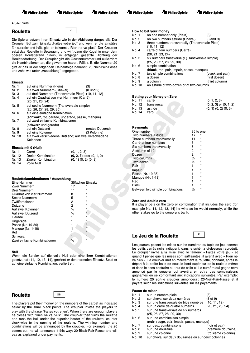 Imagen de la primera página del manual del dispositivo Roulette Set Design I