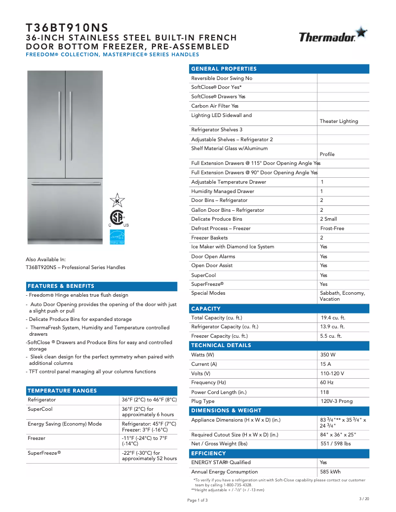 Página 1 del manual Ficha técnica Thermador T36BT910NS