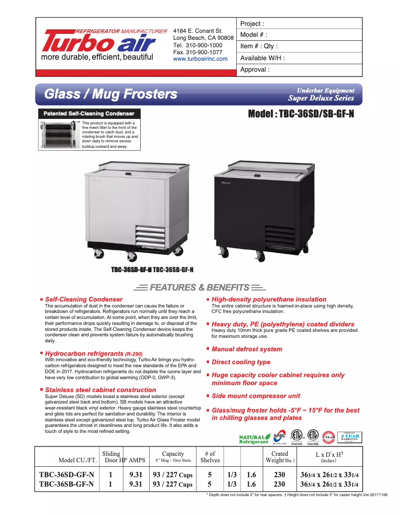 Página 1 del manual Ficha técnica Turbo air TBC-36SB-GF