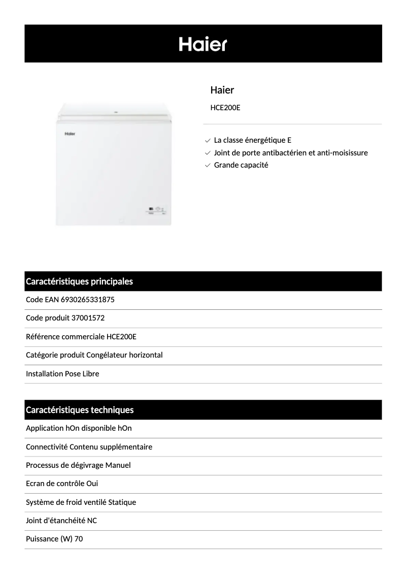 Página 1 del manual Ficha técnica Haier HCE203F