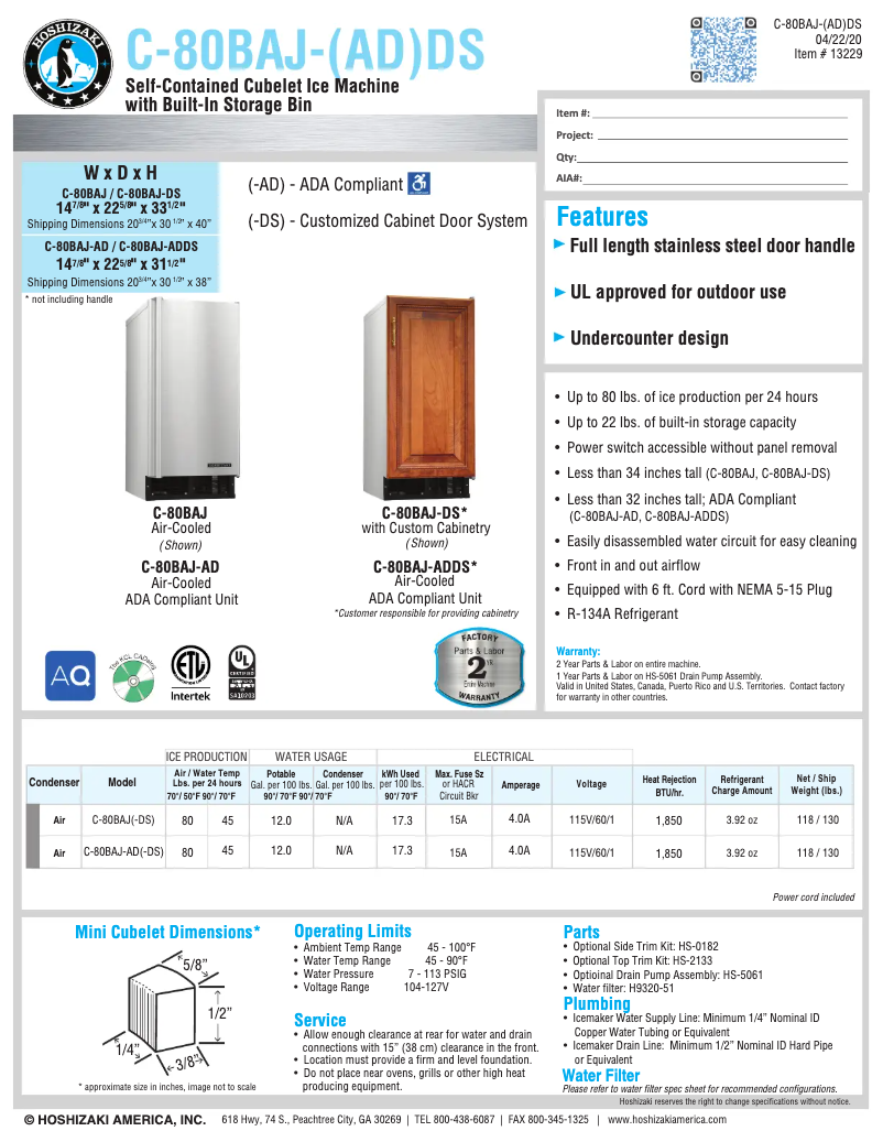 Página 1 del manual Ficha técnica Hoshizaki C-80BAJ