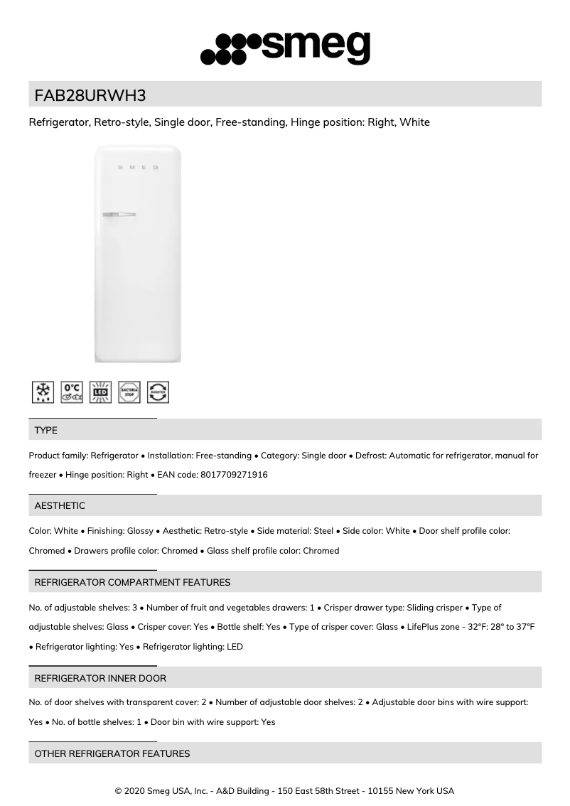 Página 1 del manual Ficha técnica Smeg FAB28URWH3