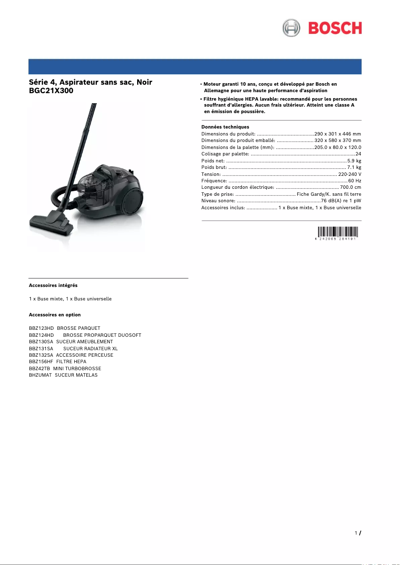 Página 1 del manual Ficha técnica Bosch Serie 4 BGC21X300