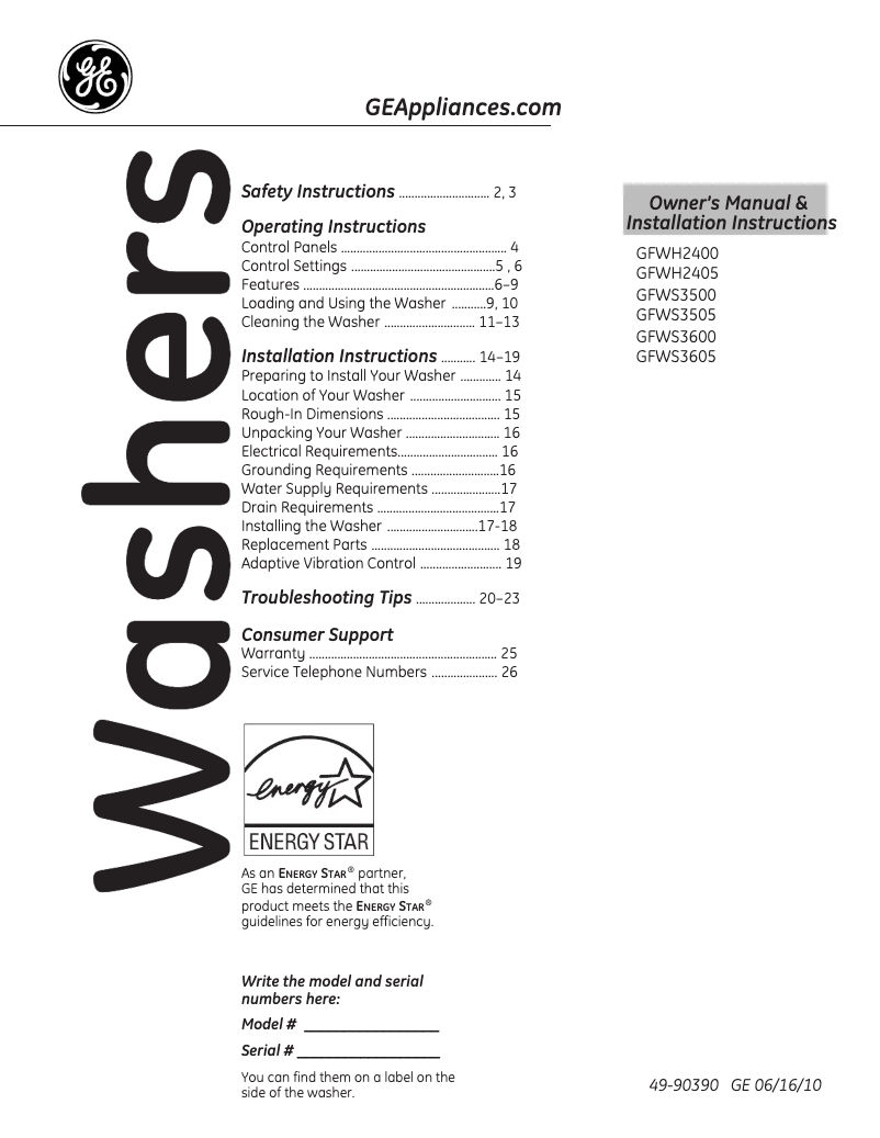 Imagen de la primera página del manual del dispositivo GFWS3500LWW