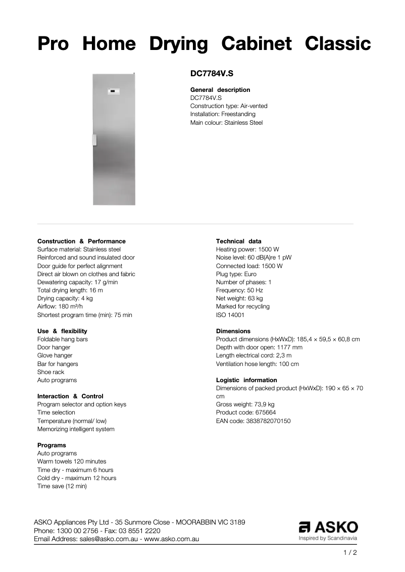 Página 1 del manual Ficha técnica Asko DC7784V