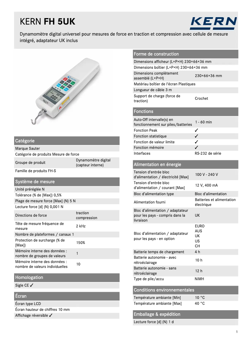 Página 1 del manual Ficha técnica Kern FH 5UK