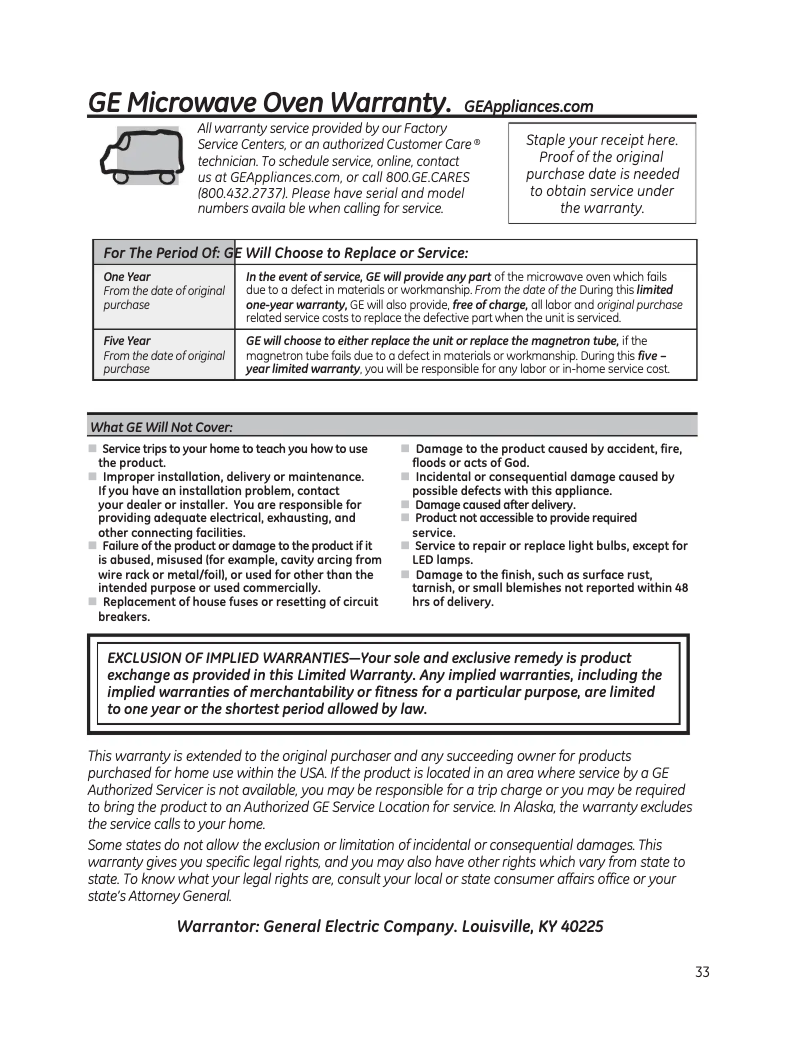 Página 1 del manual Información de garantía GE PVM9005EJES