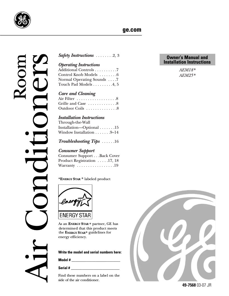 Página 1 del manual Manual de uso y mantenimiento GE AEM18DK