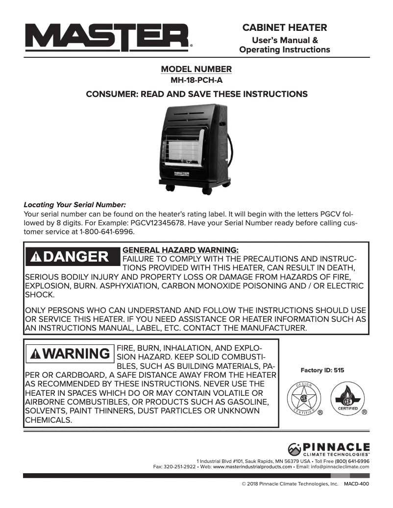 Página 1 del manual Manual de usuario Master MH-18-PCH-A