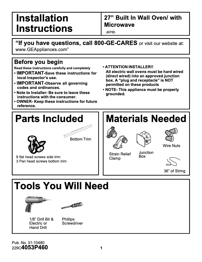 Página 1 del manual Guía de instalación GE JKP85BDBB