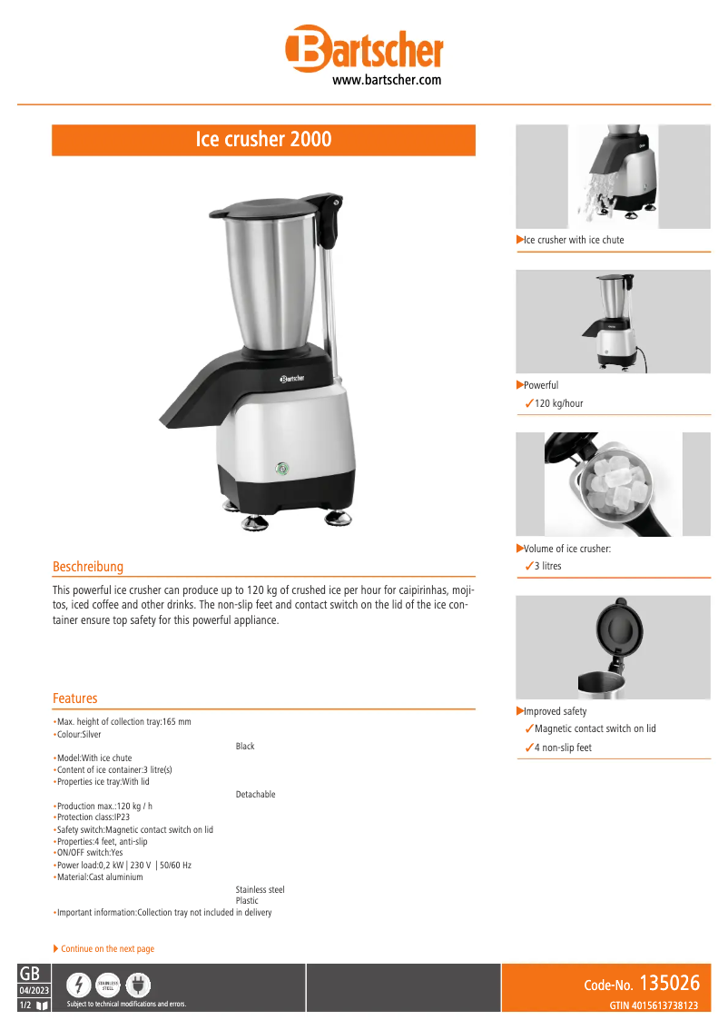 Página 1 del manual Ficha técnica Bartscher 135026