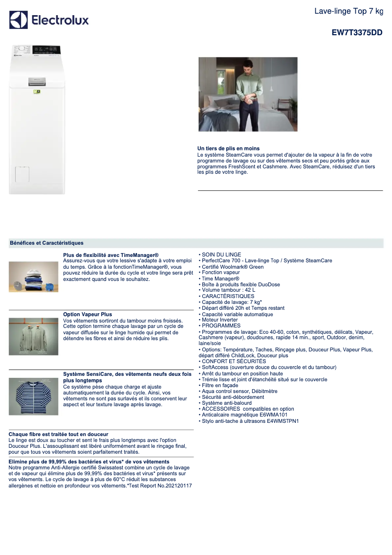 Página 1 del manual Ficha técnica Electrolux EW7T3375DD