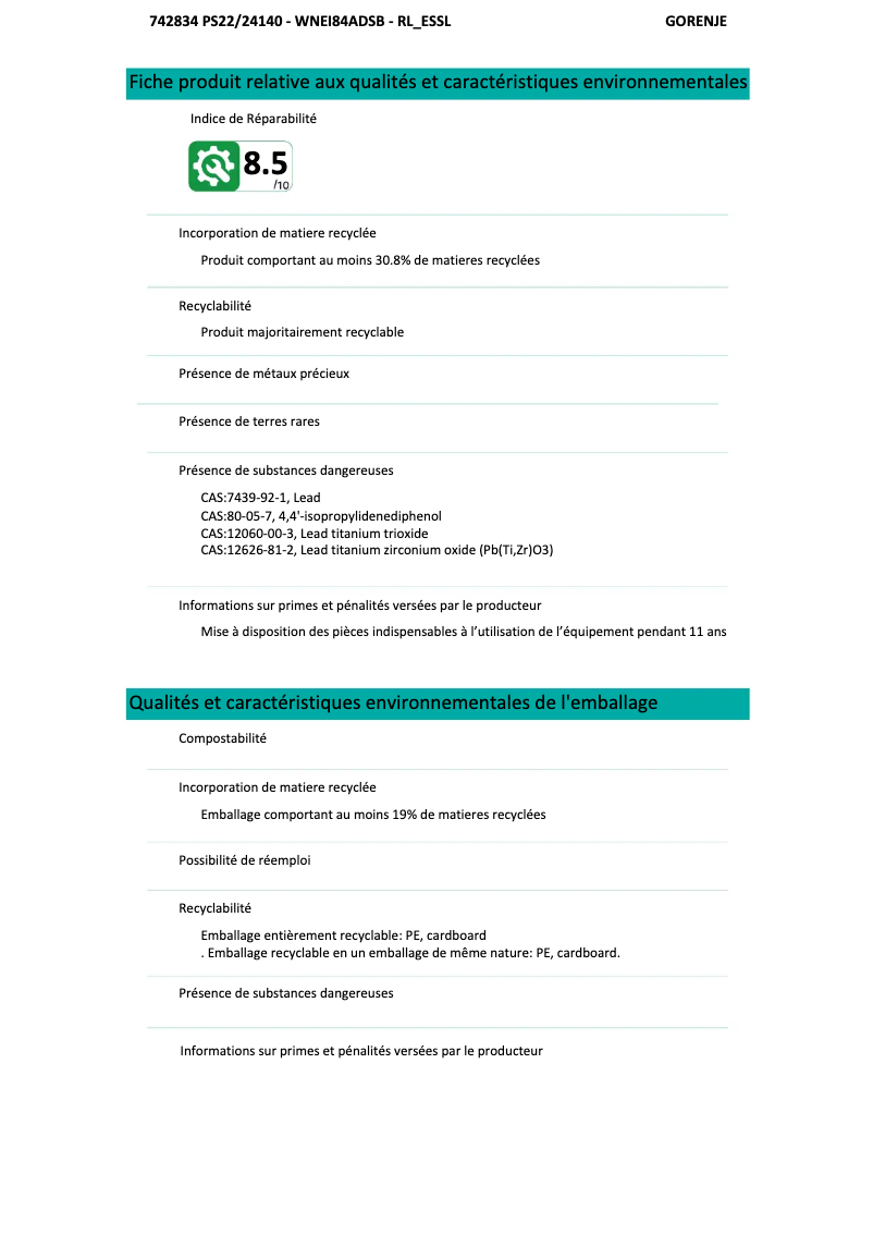 Página 1 del manual Ficha técnica Gorenje WNEI84ADSB