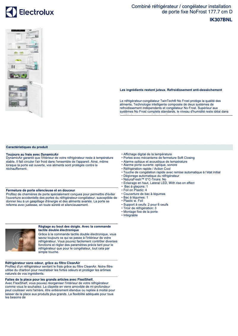 Página 1 del manual Ficha técnica Electrolux IK307BNL