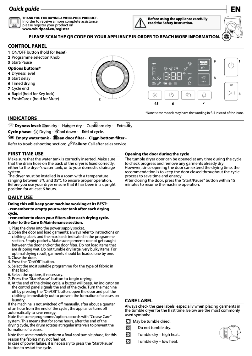Página nº 1 - Manual de uso y mantenimiento Whirlpool FFT M11 8X3 BE