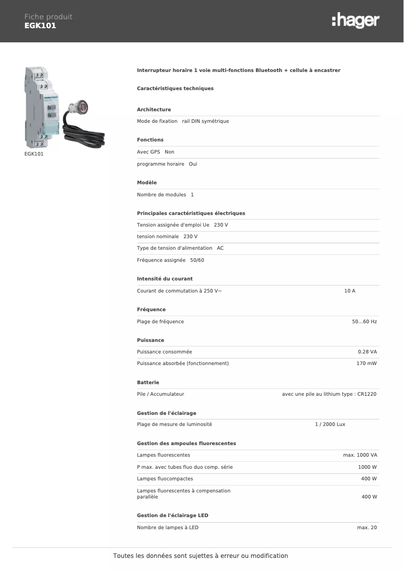 Página 1 del manual Ficha técnica Hager EGK101