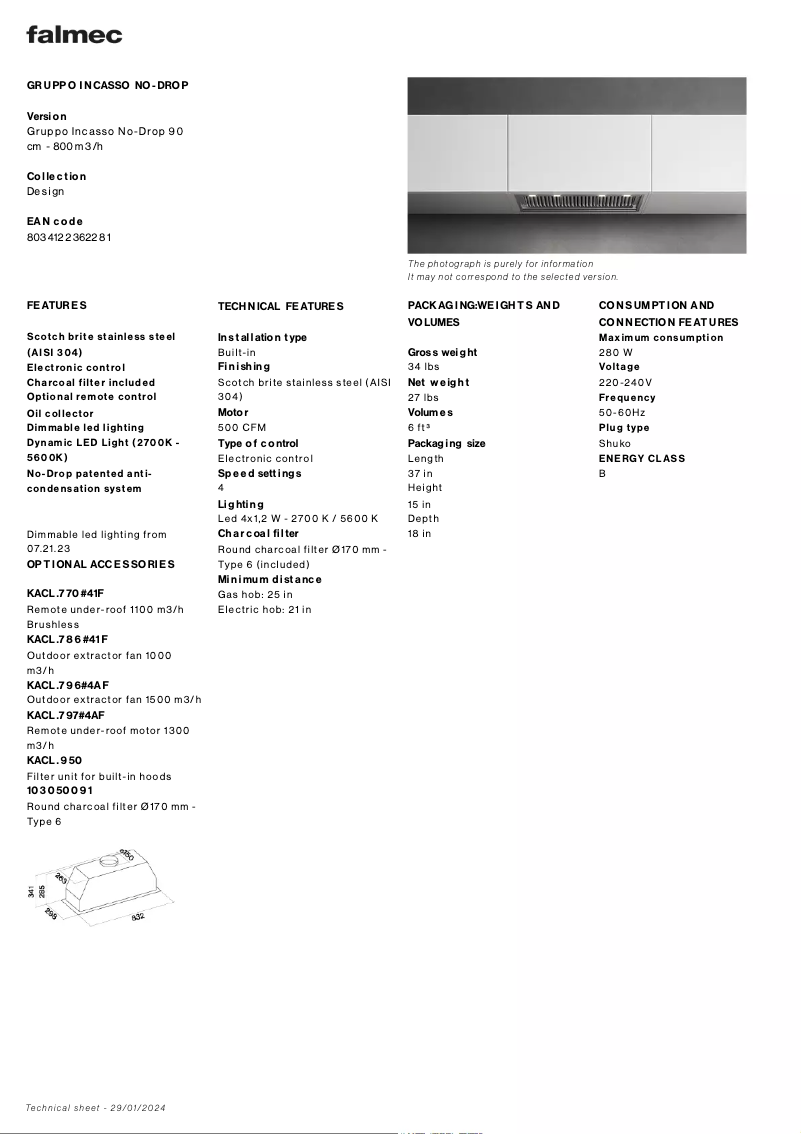 Página 1 del manual Ficha técnica Falmec Gruppo Incasso No-Drop