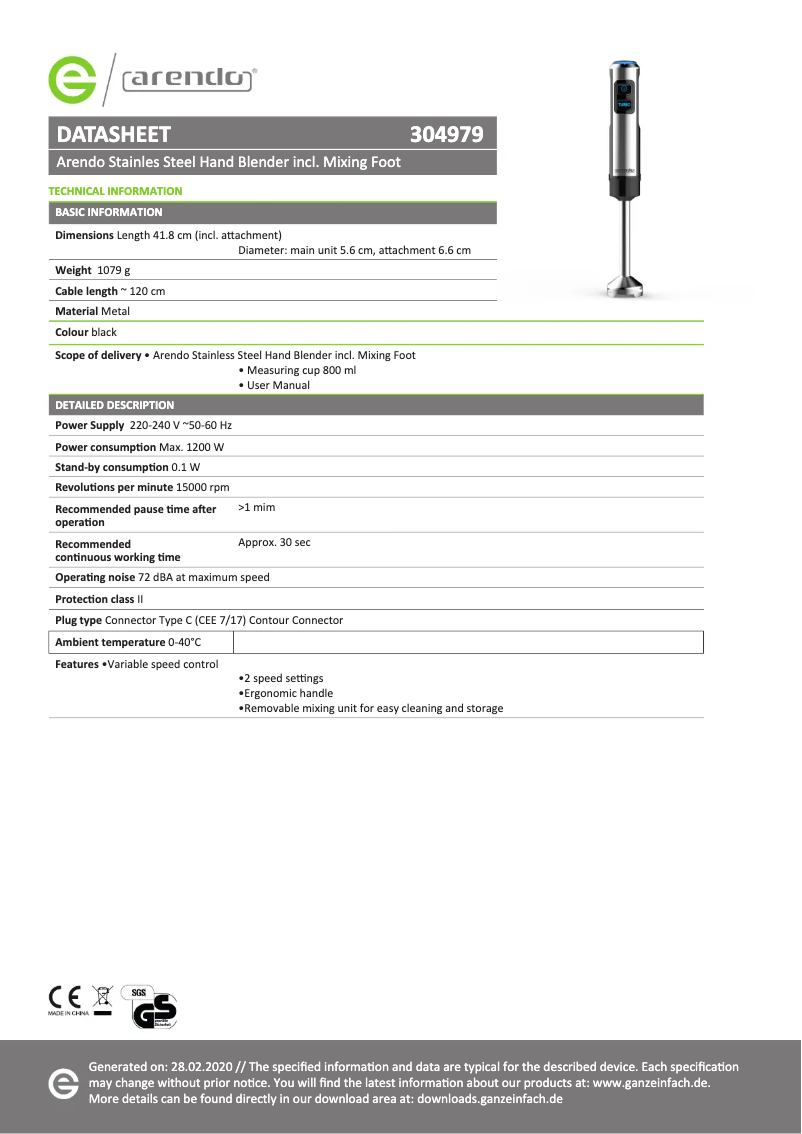 Página 1 del manual Ficha técnica Arendo Miro 304979