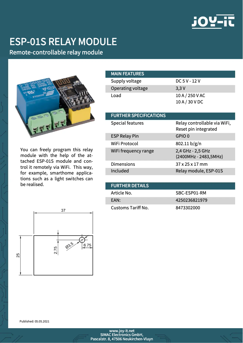 Página 1 del manual Ficha técnica Joy-It SBC-ESP01-RM