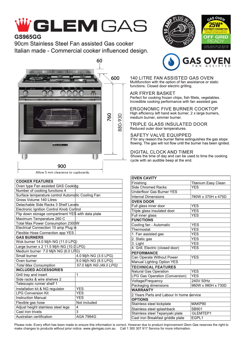 Página 1 del manual Ficha técnica Glem Gas GS965GG
