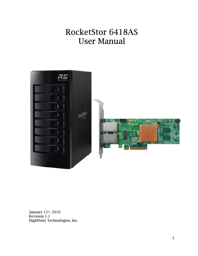 Imagen de la primera página del manual del dispositivo RocketStor 6418AS