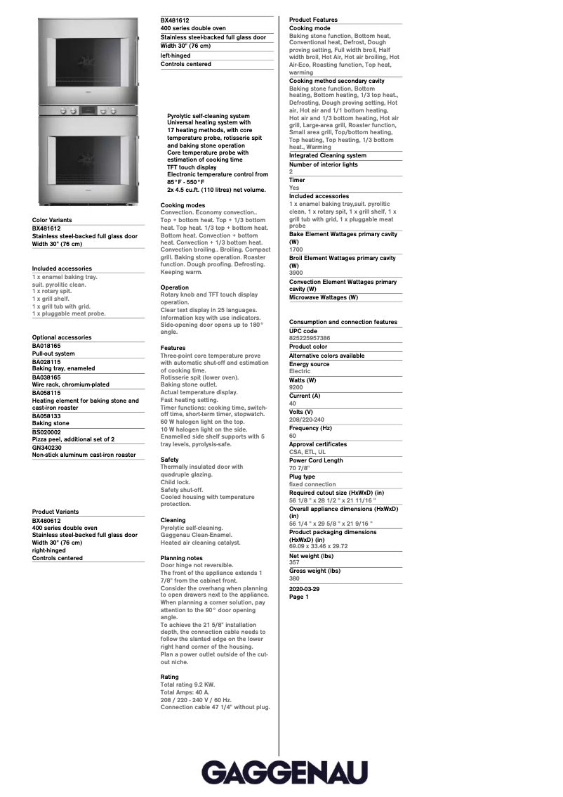 Página 1 del manual Ficha técnica Gaggenau BX481612