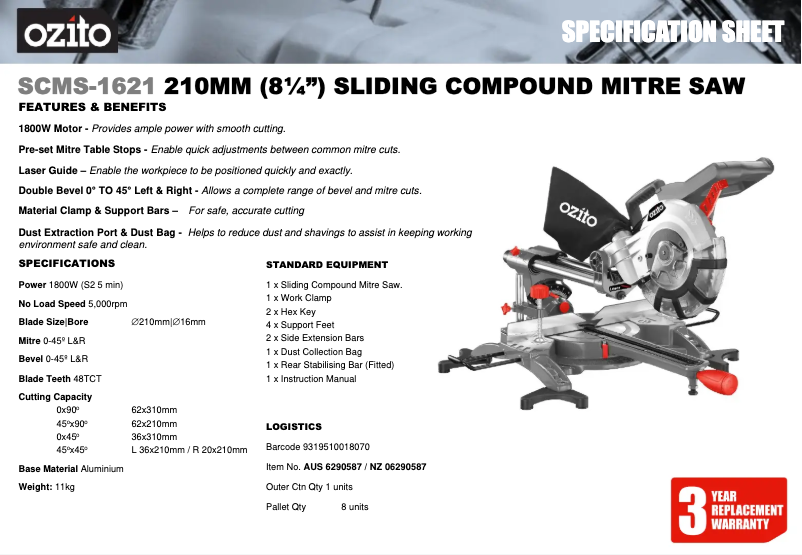 Página 1 del manual Ficha técnica Ozito SCMS-1621