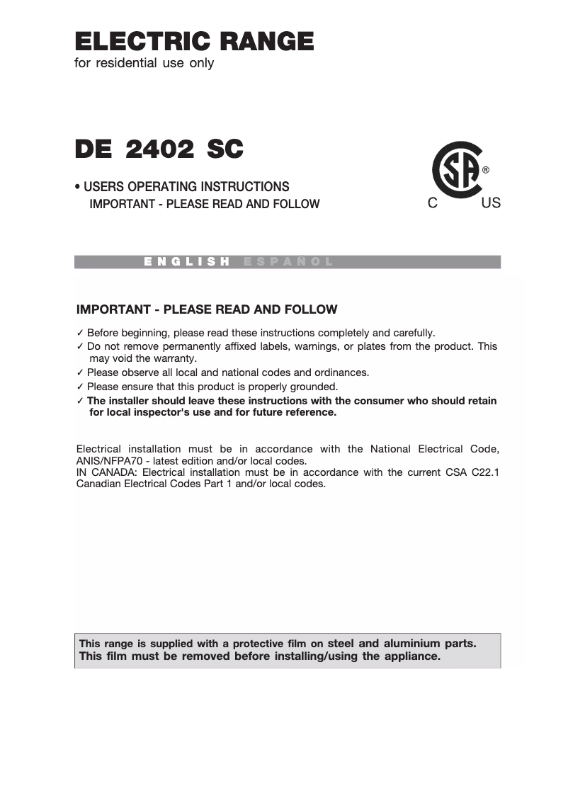 Imagen de la primera página del manual del dispositivo DE2402SC