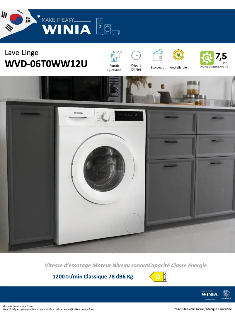 Página 1 del manual Ficha técnica Winia WVD-06T0WW12U