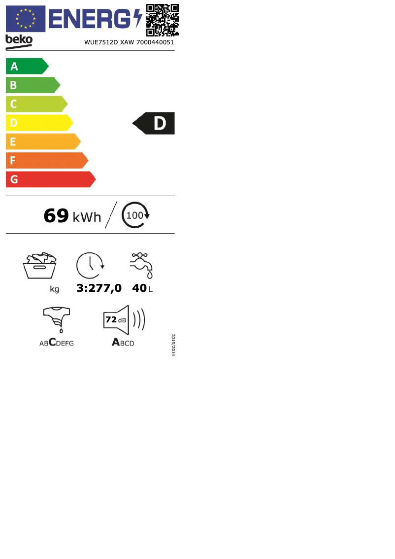 Página 1 del manual Etiqueta energética Beko WUE7512D XAW