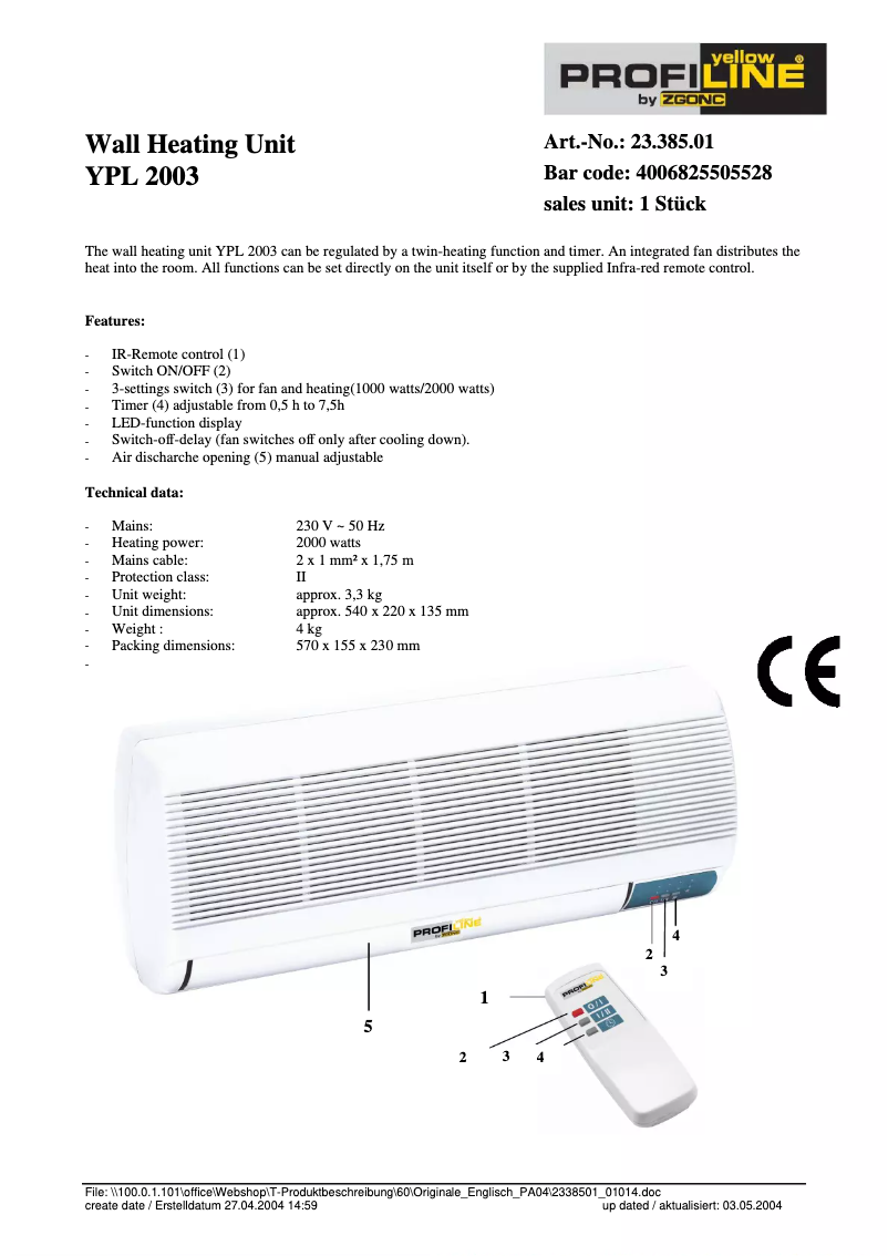 Imagen de la primera página del manual del dispositivo YPL 2003