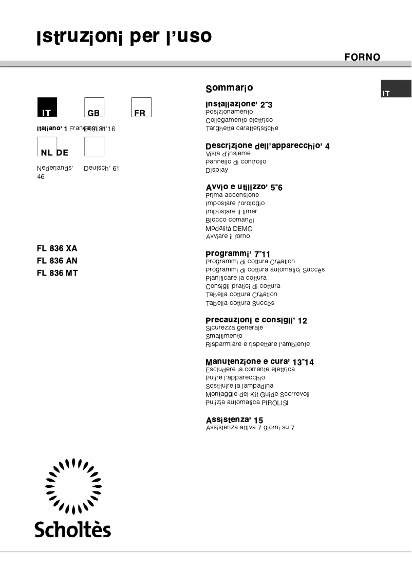 Página 1 del manual Manual de usuario Scholtès FL 836 MT