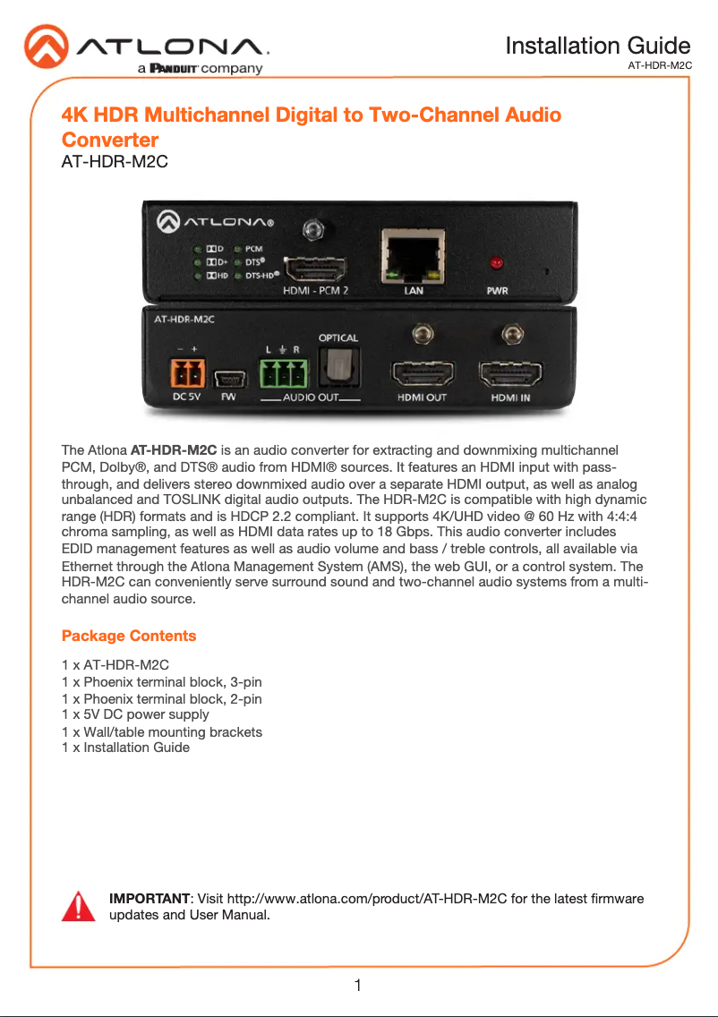 Imagen de la primera página del manual del dispositivo AT-HDR-M2C
