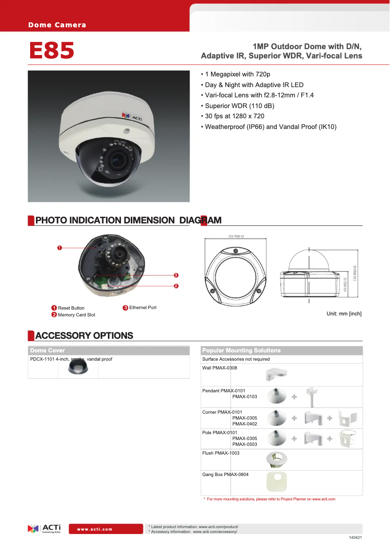 Página 1 del manual Ficha técnica ACTi E85