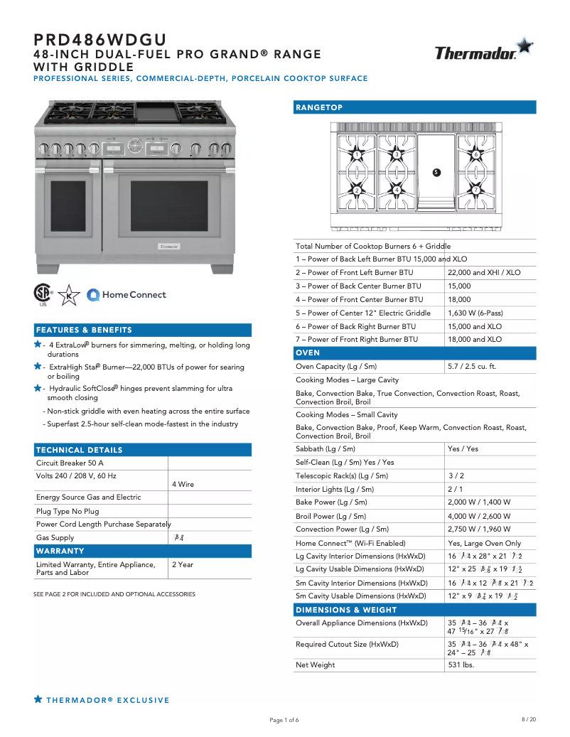 Página 1 del manual Ficha técnica Thermador PRD486WDGU