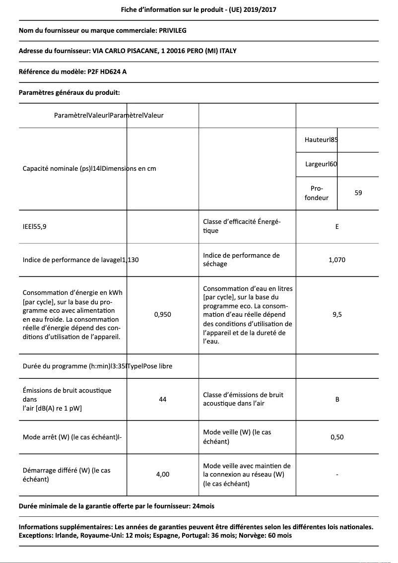 Página 1 del manual Ficha técnica Privileg P2F HD624 A