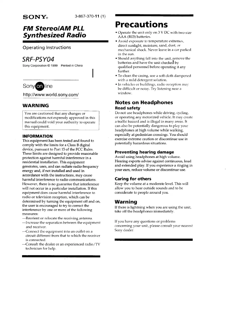 Imagen de la primera página del manual del dispositivo SRF-PSY04