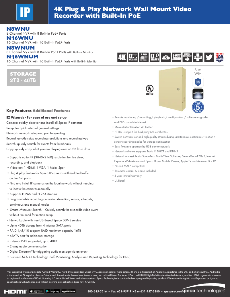 Página nº 1 - Ficha técnica Speco Technologies N8WNU