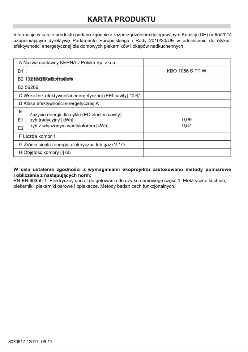 Página 1 del manual Etiqueta energética Kernau KBO 1066 S PT W
