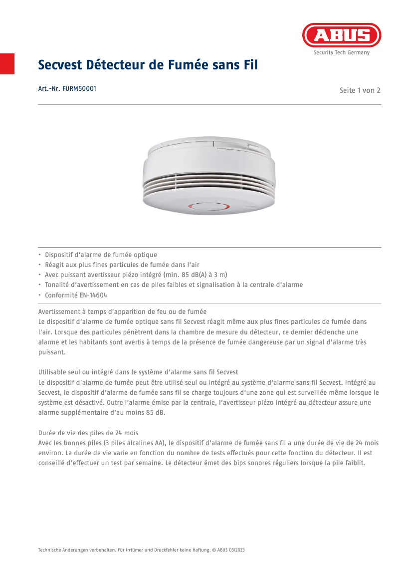 Página 1 del manual Ficha técnica Abus FURM50001