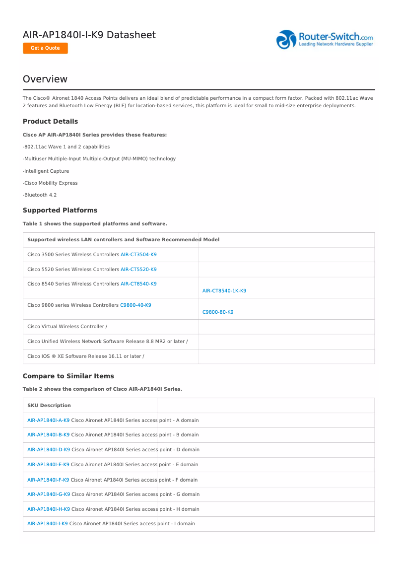 Imagen de la primera página del manual del dispositivo AIR-AP1840I-H-K9